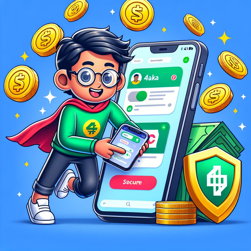 Cartoon-style 44Taka app character holding a smartphone with coins and a secure shield