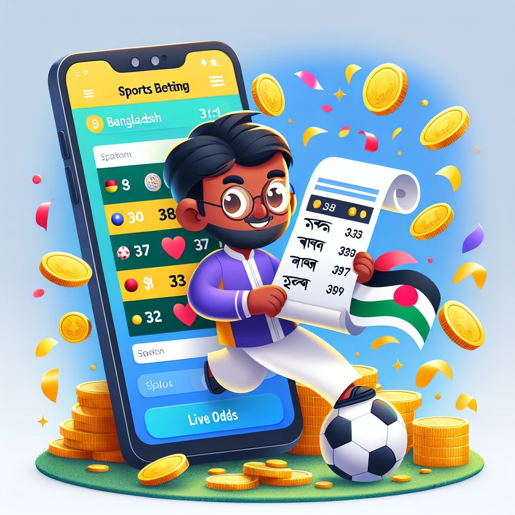 44Taka bet cartoon character holding a ticket with live odds and sports icons