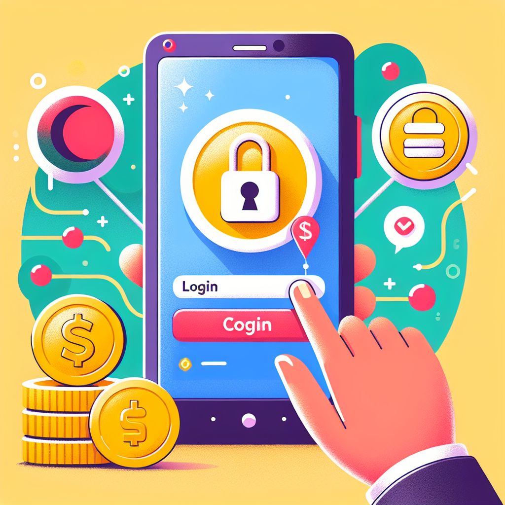 44Taka cartoon character holding a phone with a login screen and a secure lock icon